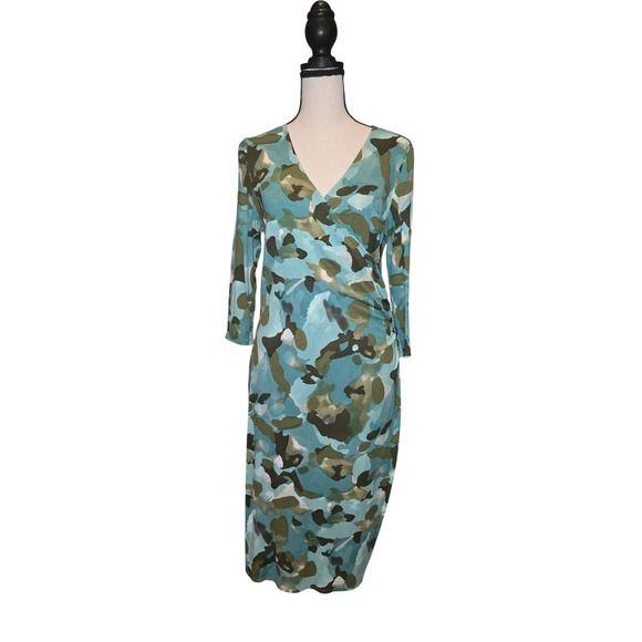 Dresses & Skirts - Blue Green Abstract Camo Faux Wrap Midi Dress Long Sleeve Ruched V-Neck Slim Fit